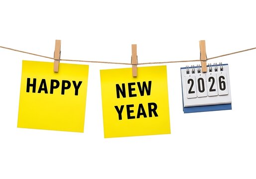 Happy New Year 2026 concept with vibrant yellow notes hanging on string.