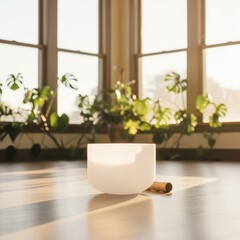 Crystal singing bowl for sound healing in sunlit wellness studio