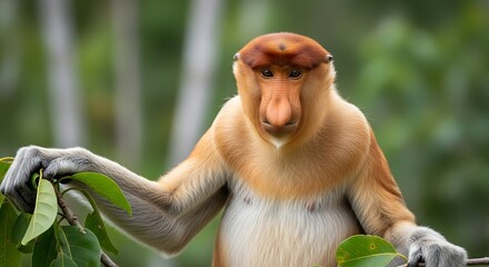 Proboscis Monkey With Large Nose In Rainforest Habitat.