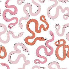 Cartoon funny colorful snakes seamless pattern. Animal print background. Halloween creepy spooky vector illustration. Mystic Boho concept for textile fabric design in modern fashion style