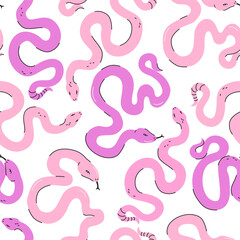 Cartoon funny colorful snakes seamless pattern. Animal print background. Halloween creepy spooky vector illustration. Mystic Boho concept for textile fabric design in modern fashion style