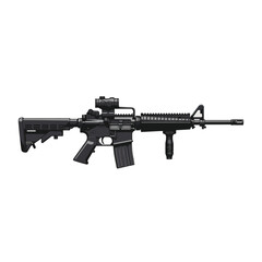 black assault rifle with optic sight and accessories.