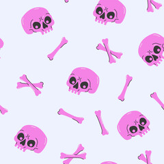 Cartoon funny skulls with colorful bones, crossbones seamless pattern. Skull and bone background. Vector illustration. Spooky creepy Halloween concept for textile fabric design in modern fashion style