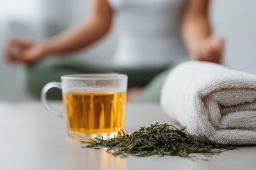 Mindful Meditation with Green Tea and Towel for Relaxation.