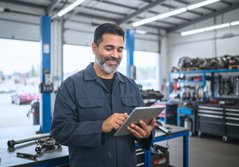 Professional mechanic happily using a tablet in his auto repair shop to streamline operations and delight customers with efficient service today