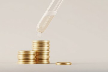 Gold Coins Stacked with Droplet from Pipette Symbolizing Financial Growth.