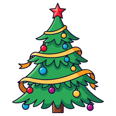 Christmas Tree Decorated with Ornaments and Ribbons.