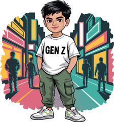 Stylish Cartoon Boy On Street Labeled Gen Z Urban Outfit Pose Casual