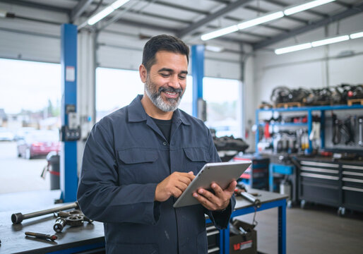 Professional mechanic happily using a tablet in his auto repair shop to streamline operations and delight customers with efficient service today