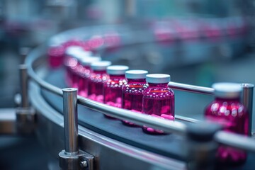 Pharmaceutical Production Line with Pink Bottles on Conveyor Belt.