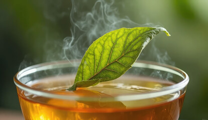 Aromatic Green Tea Leaf Steaming in a Glass Cup