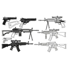 Collection of various firearms including pistols and rifles in a detailed illustration.