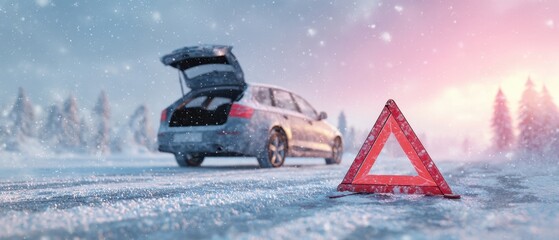 The Car With Open Trunk Stranded on Icy Road Beside Red Warning Triangle