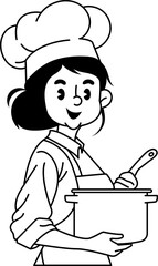 Charming chef illustration in black and white showcasing culinary arts and kitchen skills