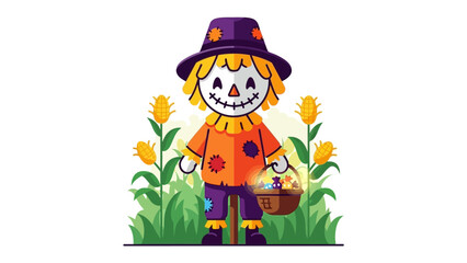 Animated Scarecrow in Harvest Field: A cheerful scarecrow stands amidst lush, green grass in a colorful harvest field, holding a basket of festive goodies. Perfect for illustrating themes of autumn.