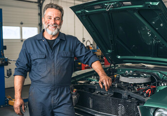 Fototapeta premium Experienced mechanic smiles proudly next to a classic car he has restored, showing trustworthy professionalism and expertise in automotive repair