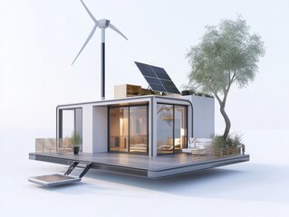 Off-grid house – Diagram of compact energy-independent house powered by solar panels and wind turbine. White background.