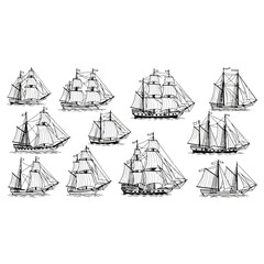 Collection of Vintage Sailing Ships Drawings.