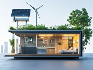 Off-grid house – Diagram of compact energy-independent house powered by solar panels and wind turbine. White background.