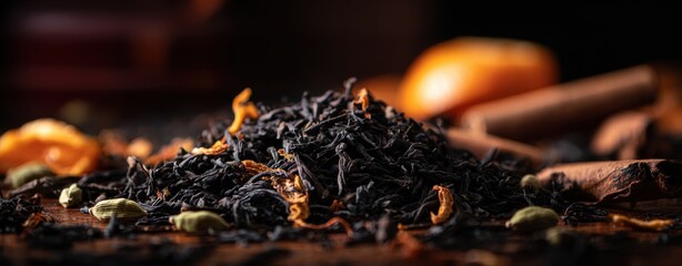 The aromatic blend of black tea and spices on a rustic wooden surface.