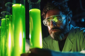 Scientist Examining Glowing Green Chemicals in Test Tubes in Laboratory.