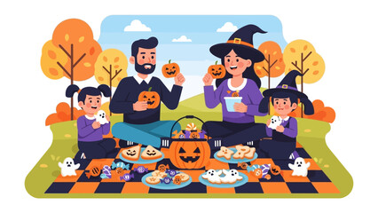 Halloween Family Picnic: Capturing a cozy Halloween family picnic with pumpkins, costumes, and treats, creating a whimsical atmosphere of togetherness and celebration. 