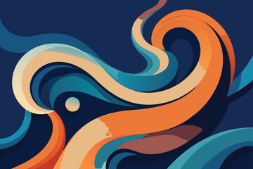 Abstract swirling ribbons of orange, blue, and brown on a dark blue background Keywords: abstract, background, swirling, ribbons, waves, fluid