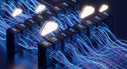 Isometric view of data servers connected to the cloud, representing digital information flow.