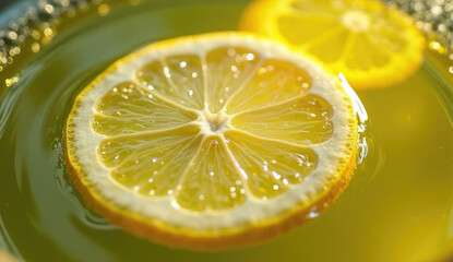 Close-up of a vibrant lemon slice floating on a liquid surface.