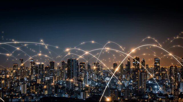 Illuminated Cityscape: A captivating nightscape of a modern city pulsates with the energy of data and connectivity, with glowing lines weaving across the dark sky.