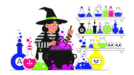Mystic Crafting: A witch, immersed in her craft, stirs a potion in a cauldron amid an array of bubbling beakers. This illustrative artwork depicts a scene filled with wonder and enchantment.