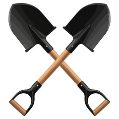 Two Black Shovels Crossed Wooden Handles.