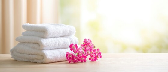 The Towels and Pink Flowers on a Wooden Spa Table in Soft Light