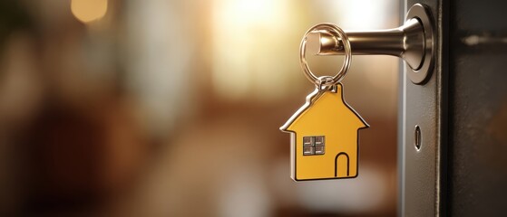 The house key hanging in a door lock representing new home and welcome