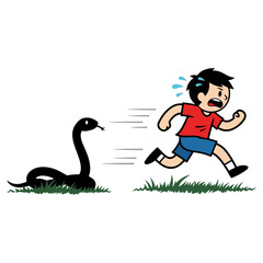 Boy running away from a black snake.