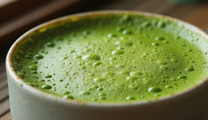 Close-up of frothy matcha green tea in a cup.