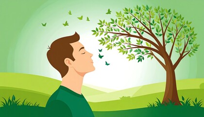 A person in a green setting with a lush tree. Birds flutter around, with a gradient sky and fields in the background. The man is breathing in the fresh air