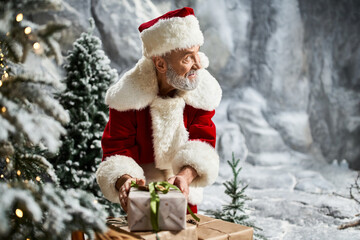 Bringing joy and gifts, Santa smiles in winter wonderland among the trees