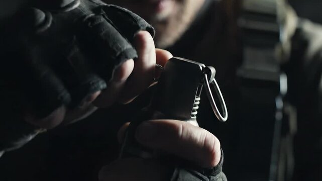 Soldier preparing to throw a hand grenade close up.