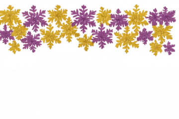 Gold and purple glitter snowflakes forming a winter holiday top border decoration on transparent background