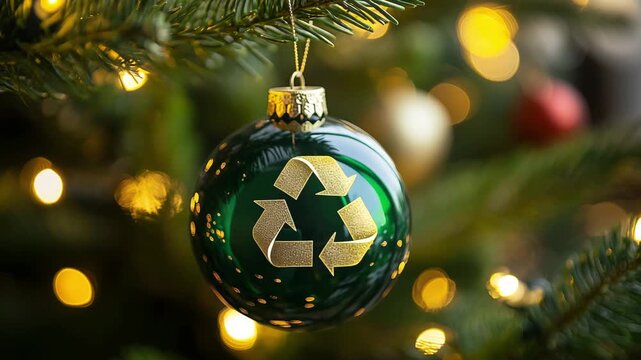 Eco friendly ornament featuring recycling symbol adorn a decorated tree during the holiday season, celebrating a green approach to Christmas