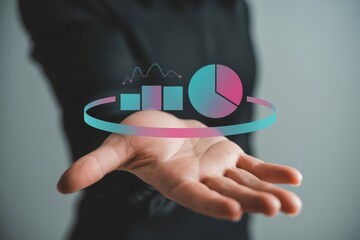 Business Hand Presenting Data Visualization Charts, Financial Analysis, and Business Growth Concept