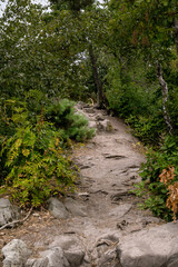 Hiking Trail Winds Around A Rocky Outcrop On A Forested Hill Surrounded By Gnarled Tree Roots And Lush Greenery