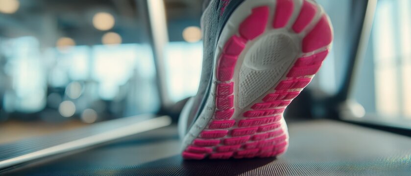 The running shoe on a treadmill during an indoor cardio workout with motion blur