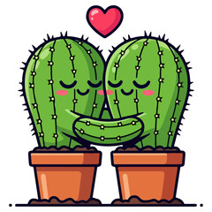Cute Cacti Couple Hugging With Love Heart Above.