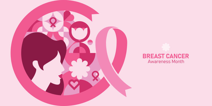 Geometric background for Breast Cancer Awareness Month with pink ribbon. Modern mosaic pink design for October awareness campaigns, healthcare promotions and greeting cards