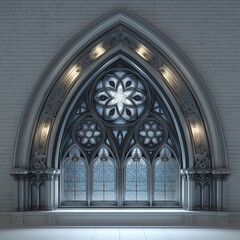 Naklejka premium Elaborate Gothic Arch Window with Intricate Design and Soft Lighting