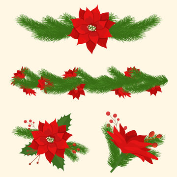 Christmas holly red flowers Tinse fir tree branches composition red berries for decor
