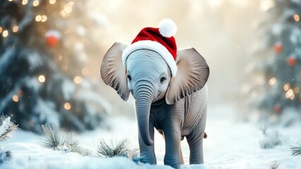 An adorable elephant in a Santa hat plays in a snowy landscape surrounded by festive trees and Christmas decorations during the holiday season - Powered by Adobe