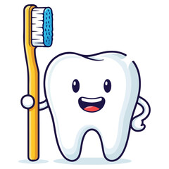 Happy cartoon tooth holding toothbrush.